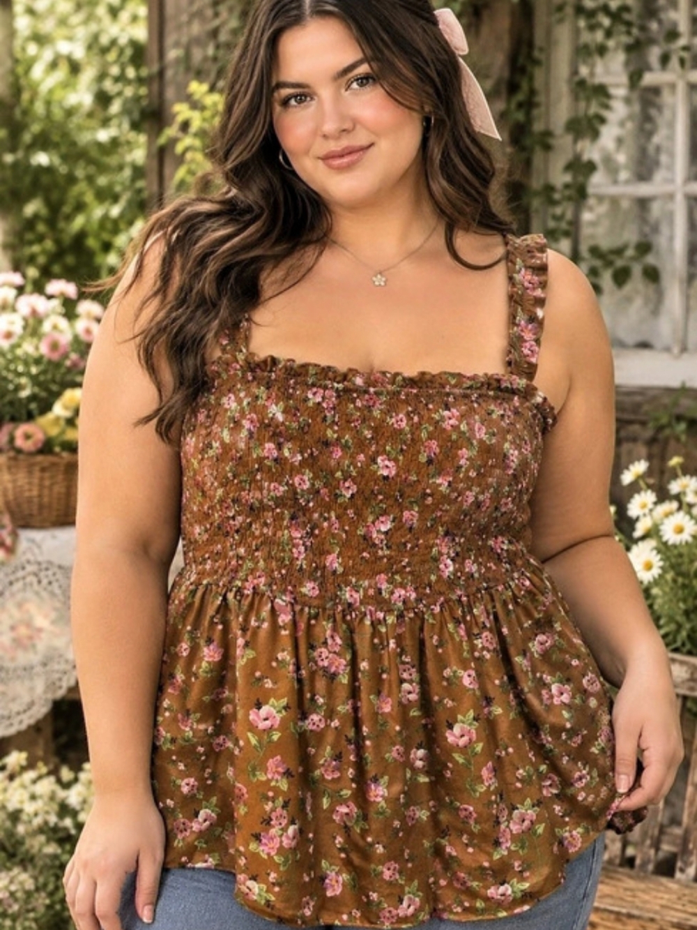 New Glory 3X Floral Smocked Peplum Tank Top Brown Pi K Cottagecore Boho